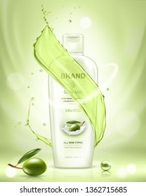 Realistic cosmetic bottle and green olive. Cosmetic container for cream, lotion, shampoo, gel, balsam. Vector Illustration