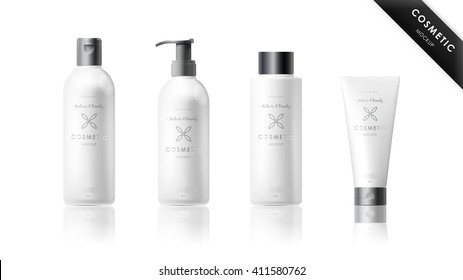 Realistic cosmetic bottle mock up set on white background.