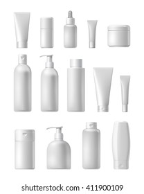 Realistic cosmetic bottle mock up set isolated pack on white background. Cosmetic brand template. Shampoo pack.