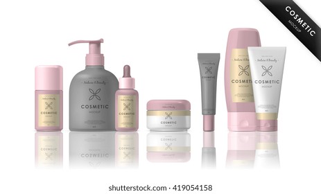 Realistic Cosmetic Bottle Mock Up Set. Isolated Cosmetic Pack Brand Template. 