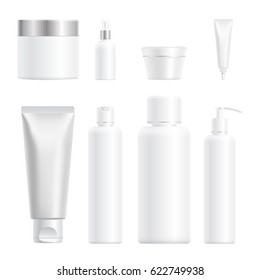 Realistic cosmetic bottle mock up set isolated pack on white background. Cosmetic brand template. Shampoo pack.