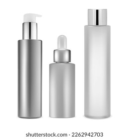 Realistic cosmetic bottle mockup. Pump dispenser blank for cream, soap or gel. Serum dropper packaging design, skin care collection set. Shampoo bottle, glass tube isolated on white background