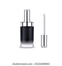 Soro de garrafa cosmética realista para cuidados com a pele do rosto. Frasco de vidro preto com pipeta gotejante de soro revitalizante, isolado sobre fundo branco. Design de marca para cosméticos premium.