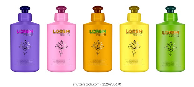 Realistic cosmetic bottles with color design on white background. 
Cosmetic cream containers and tubes for cream, lotion, shampoo, gel, balsam, conditioner. 3d Vector Illustration.
