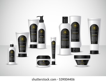 Realistic cosmetic bottles. Cosmetic cream containers and tubes for cream, lotion, shampoo, gel, balsam, conditioner, spray.Design black label for container. 3d Vector Illustration