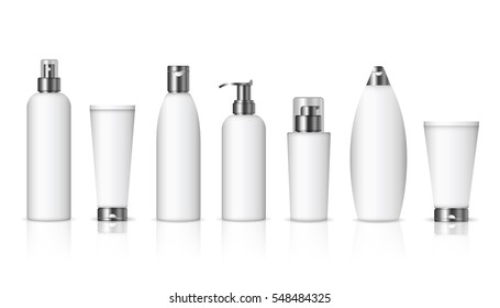 Realistic cosmetic bottles with dark silver caps on white background. Cosmetic cream containers and tubes for cream, lotion, shampoo, gel, balsam, conditioner, spray. 3d Vector Illustration