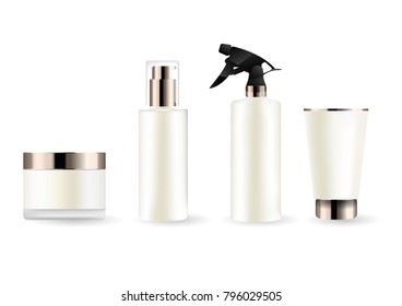 
Realistic cosmetic bottles with gold caps on white background.3d Vector Illustration.
