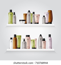 Realistic cosmetic bottles with gradient design on white background. Cosmetic cream containers and tubes for cream, lotion, shampoo, gel, balsam, conditioner, spray. 3d Vector Illustration