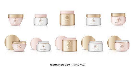 Realistic cosmetic bottles with gradient design on white background. Cosmetic cream containers and tubes for cream, balsam, conditioner. 3d Vector Illustration