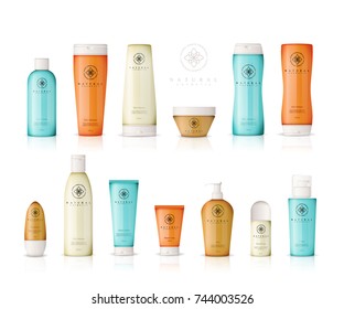 Realistic cosmetic bottles with gradient design on white background. Cosmetic cream containers and tubes for cream, lotion, shampoo, gel, balsam, conditioner, spray. 3d Vector Illustration