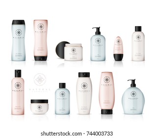 Realistic cosmetic bottles with gradient design on white background. Cosmetic cream containers and tubes for cream, lotion, shampoo, gel, balsam, conditioner, spray. 3d Vector Illustration