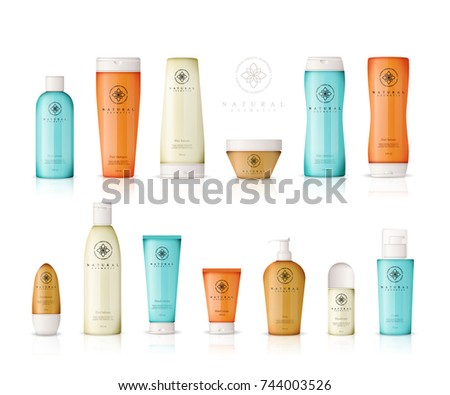 Realistic cosmetic bottles with gradient design on white background. Cosmetic cream containers and tubes for cream, lotion, shampoo, gel, balsam, conditioner, spray. 3d Vector Illustration