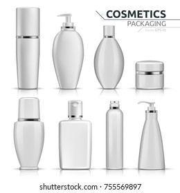 Realistic Cosmetic bottles mock up set on white background. Blank templates of empty and clean white plastic containers. Vector packaging tubes collection