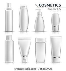 Realistic Cosmetic bottles mock up set on white background. Blank templates of empty and clean white plastic containers. Vector packaging tubes collection