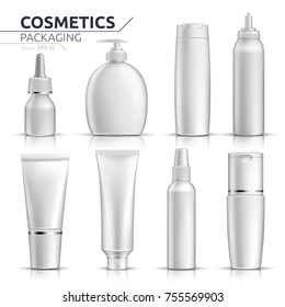 Realistic Cosmetic bottles mock up set on white background. Blank templates of empty and clean white plastic containers. Vector packaging tubes collection
