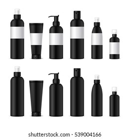 Realistic cosmetic bottles on white background. Cosmetic cream containers and tubes for cream, lotion, shampoo, gel, balsam, conditioner, spray.Design black label for container. 3d Vector Illustration