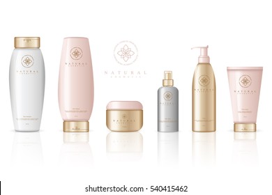 Realistic cosmetic bottles on white background. Cosmetic cream containers and tubes for cream, lotion, shampoo, gel, balsam, conditioner, spray. 3d Vector Illustration