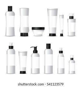 Realistic cosmetic bottles on white background. Cosmetic cream containers and tubes for cream, lotion, shampoo, gel, balsam, conditioner, spray.Design white label for container. 3d Vector Illustration