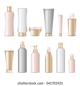 Realistic cosmetic bottles on white background. Cosmetic cream containers and tubes for cream, lotion, shampoo, gel, balsam, conditioner, spray. 3d Vector Illustration