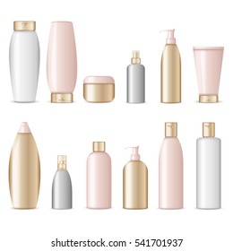 Realistic cosmetic bottles on white background. Cosmetic cream containers and tubes for cream, lotion, shampoo, gel, balsam, conditioner, spray. 3d Vector Illustration