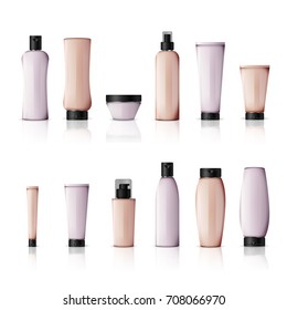 Realistic cosmetic bottles on white background. Cosmetic cream containers and tubes for cream, lotion, shampoo, gel, balsam, conditioner, spray. 3d Vector Illustration