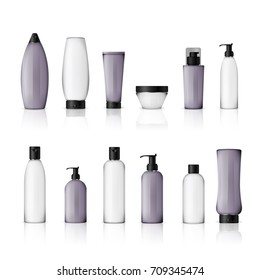 Realistic cosmetic bottles on white background. Cosmetic cream containers and tubes for cream, lotion, shampoo, gel, balsam, conditioner, spray. 3d Vector Illustration