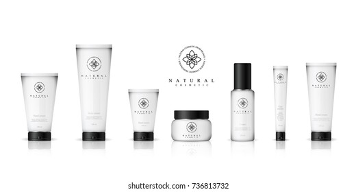 Realistic cosmetic bottles on white background. Cosmetic cream containers and tubes for cream, lotion, shampoo, gel, balsam, conditioner, spray. 3d Vector Illustration