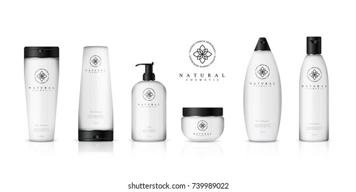 Realistic cosmetic bottles on white background. Cosmetic cream containers and tubes for cream, lotion, shampoo, gel, balsam, conditioner, spray. 3d Vector Illustration