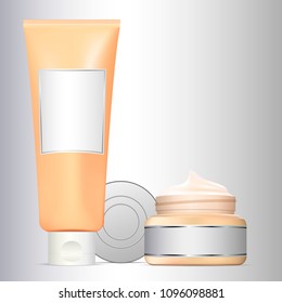 Realistic cosmetic bottles set. Cream jar with open lid, serum tube. Labels ready for your design. Mock up set for brand template. Vector illustration.