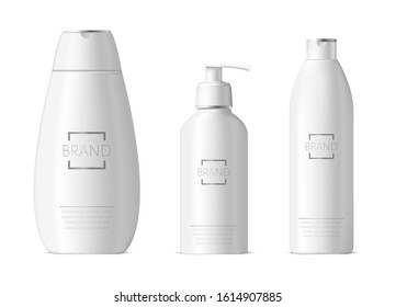 Realistic cosmetic bottles. Shampoo and moisturizer packaging, white plastic bottles pack, 3d beauty bath accessories. Cosmetics for cleanliness, shower gel containers vector isolated set