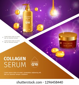 Realistic cosmetic bright composition with collagen serum drop package of skin care cream and bottle of shower gel or liquid soap vector illustration