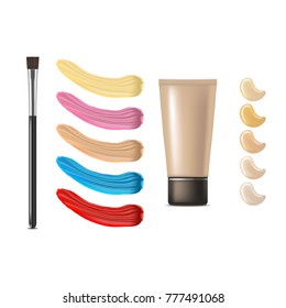 Realistic Cosmetic Brushes Narrow, Color Palette and Foundation Cream Fashion Female Accessory for Corrective Beauty. Vector illustration