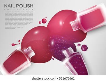 Realistic cosmetic colorful poster with paddle of nail polish leaking out from opened bottles vector illustration