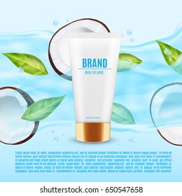 Realistic cosmetic container with coconut slice in a water splash. Container for cream, lotion and other product. Design for ads or magazine. 3d illustration. EPS10 vector