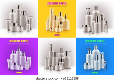 Realistic cosmetic container mockup. Set of empty packages for hair, makeup, skincare collection. Health, hygiene and beauty concept. Realistic vector illustration on white, yellow, blue background