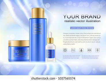 Realistic cosmetic container mockup, your brand marked area, print template for magazine design. Shine and glow surface effect.