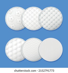 Realistic cosmetic cotton pads composition round cotton pads with different patterns on the surface vector illustration