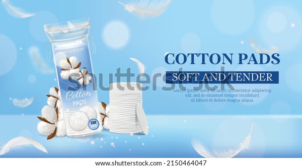 Realistic cosmetic\
cotton pads horizontal poster with cotton pads soft and tender\
headline vector\
illustration