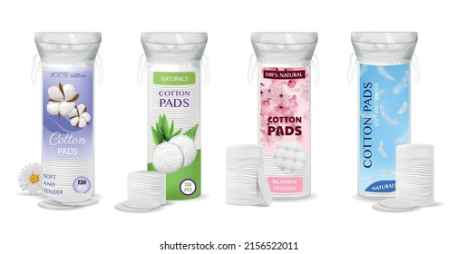 Realistic cosmetic cotton pads packaging icon set four packs of cotton pads of various brands and labels vector illustration