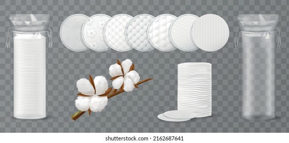 Realistic cosmetic cotton pads transparent icon set cotton swab wrap cotton branch and different styles of round pads vector illustration