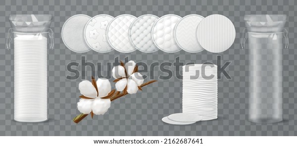 Realistic cosmetic cotton pads transparent\
icon set cotton swab wrap cotton branch and different styles of\
round pads vector\
illustration