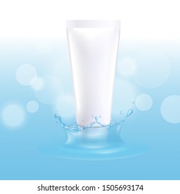 Realistic Cosmetic Cream Mockup With Water Splash Blue Background, Skin Moisturiser Product In White Empty Container Tube - 3D Packaging Design Template Vector Illustration