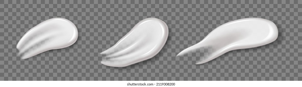 Realistic cosmetic cream smears set. White creamy drop skincare cream product lotion thick fresh smooth smear isolated on transparent background. Vector illustration