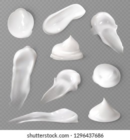 Realistic cosmetic cream smears. White creamy drop skincare cream product lotion thick fresh smooth smear isolated vector texture - Shutterstock ID 1296437686