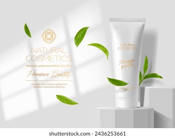 Realistic cosmetic cream tube and green leaves on white podium mockup. 3d vector elegant and nature-inspired promo design for product presentation, creating a harmonious blend of nature and beauty