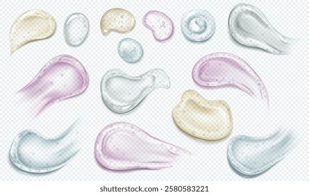 Realistic cosmetic gel drop, smeared soap colorful bubbles vector set. Glossy volume jelly daub blobs. 3D liquid or cream stroke. Overlay transparent serum or lotion spots with air bubbles isolated