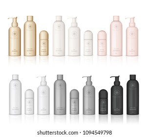 Realistic cosmetic gold, grey, white, pink and black bottles on white background. Cosmetic cream containers and tubes for cream, lotion, shampoo, gel, balsam, conditioner, spray. Vector Illustration