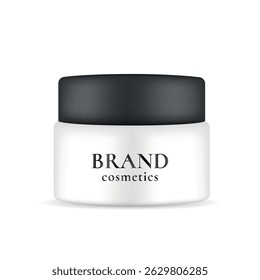 Realistic cosmetic jar with BRAND cosmetics label. Packaging template for cream or facial mask