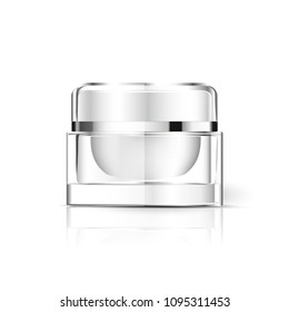 Realistic cosmetic jar on white background with silver. Cosmetic cream and gel containers. 3d Vector Illustration.