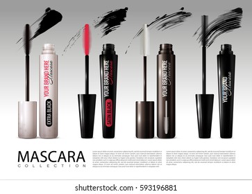 Realistic cosmetic mascara collection of different colors with black brush trace strokes isolated vector illustration